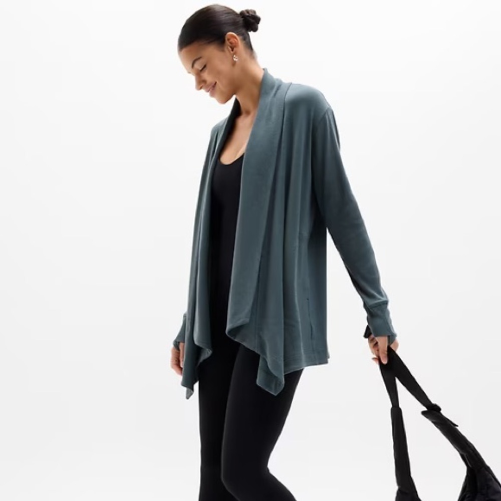 Athleta Pranayama Wrap Cardigan Blue Gray Eden Open Front SP